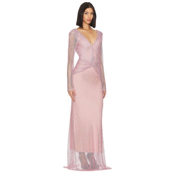 PatBO Rhinestone Netted Plunge Gown in Light Pink 4 New Womens Long Dress - Picture 3 of 11